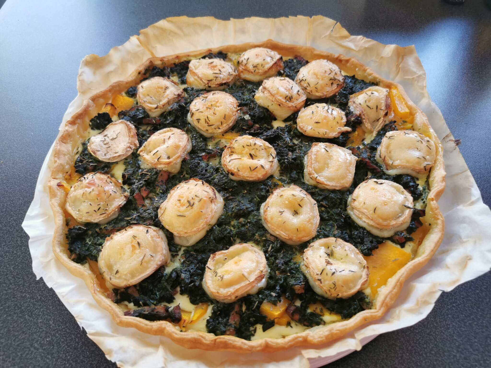 tarte salée fromage de chèvre courge butternut épinards automne thym